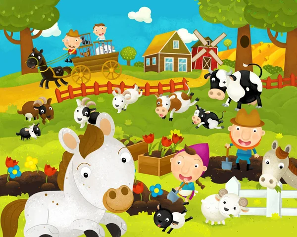 cartoon happy and funny farm scene with happy horse - illustration for children