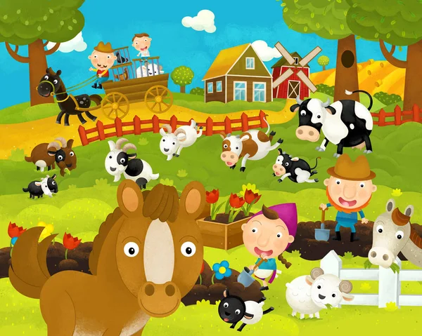 Cartoon gelukkig en grappig boerderij scène met gelukkig paard-illustratie voor kinderen — Stockfoto