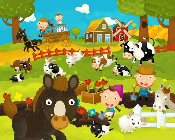 Dibujos animados feliz y divertida escena de granja con caballo feliz - ilustración para los niños — Foto de Stock