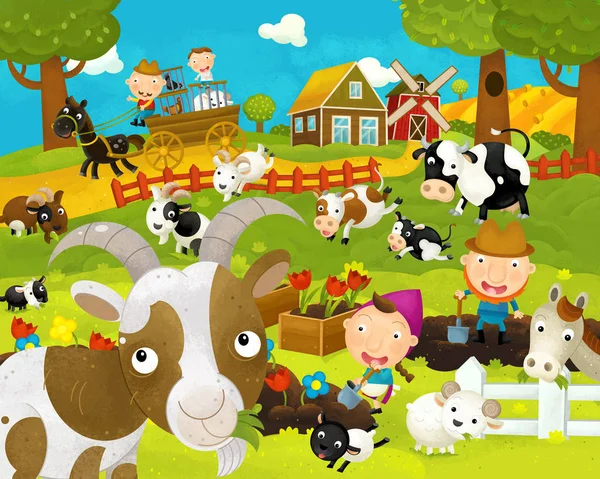 cartoon happy and funny farm scene with happy goat - illustration for children