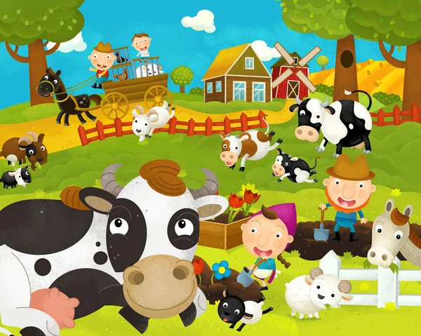 Dessin animé scène de ferme heureuse et drôle avec vache heureuse illustration pour les enfants — Photo