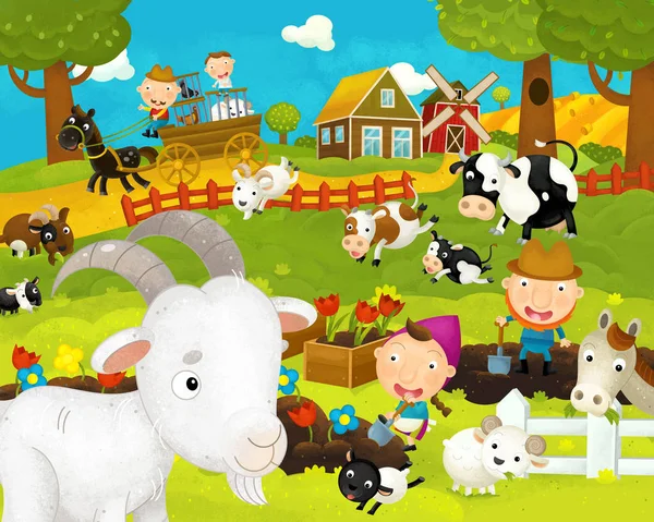 Cartoon happy and funny farm scene with happy goat - illustration for children — Stock Photo, Image