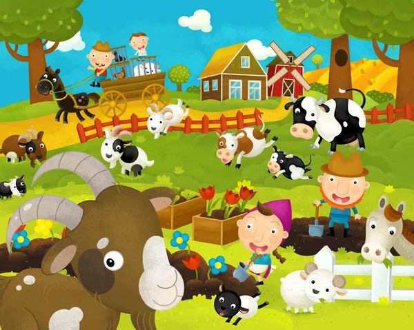 Cartoon happy and funny farm scene with happy goat - illustration for children — Stock Photo, Image