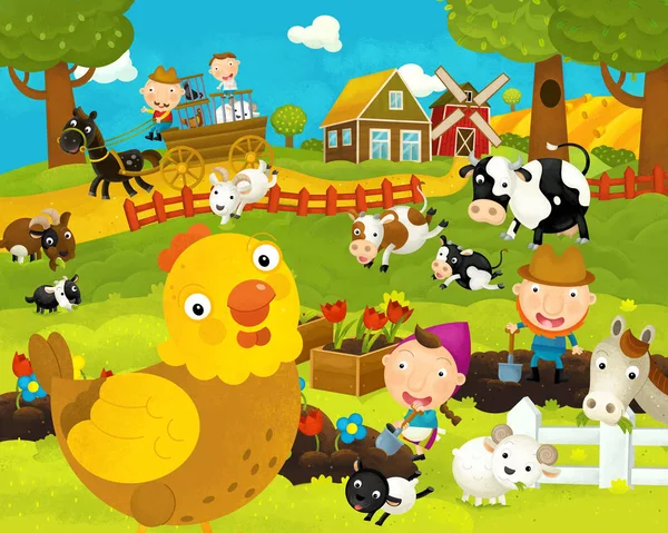 Desen animat fericit și amuzant scenă fermă cu găină de pui fericită ilustrație pentru copii — Fotografie, imagine de stoc
