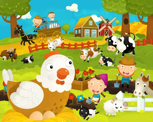 Cartoon gelukkig en grappig boerderij scène met gelukkig kip kip-illustratie voor kinderen — Stockfoto