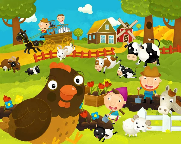 Dibujos animados feliz y divertida granja escena con gallina gallina feliz - ilustración para los niños —  Fotos de Stock