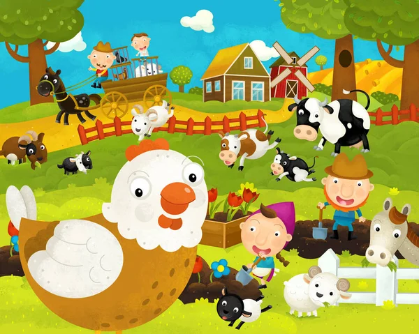 Cartoon happy and funny farm scene with happy chicken hen - illustration for children — Stock Photo, Image