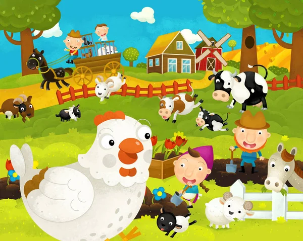 幸せな鶏鶏と漫画の幸せと面白い農場のシーン - 子供のためのイラスト — ストック写真