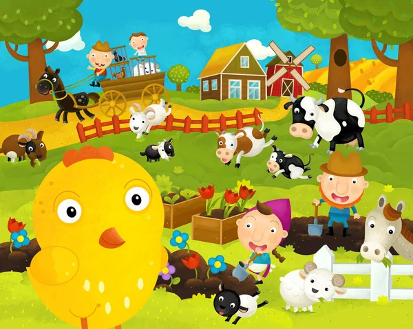 cartoon happy and funny farm scene with happy chicken hen - illustration for children