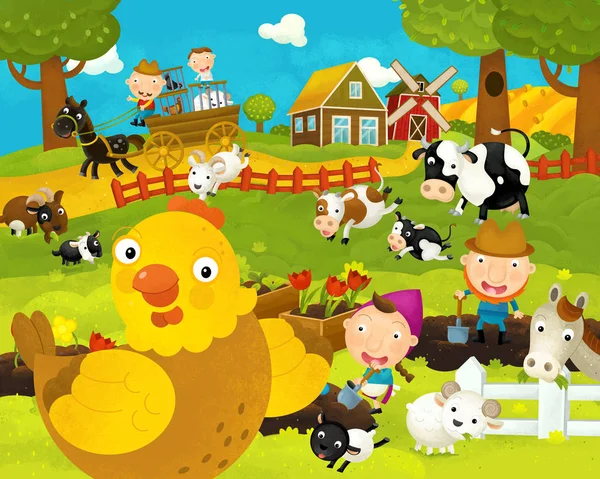 Dibujos animados feliz y divertida granja escena con gallina gallina feliz - ilustración para los niños —  Fotos de Stock