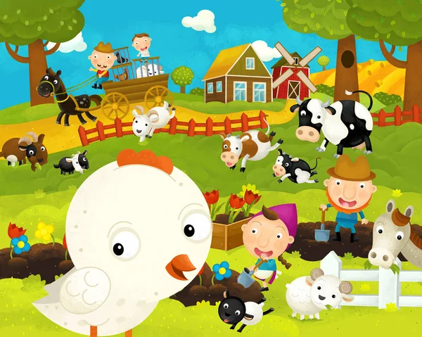 Dibujos animados feliz y divertida granja escena con gallina gallina feliz - ilustración para los niños —  Fotos de Stock