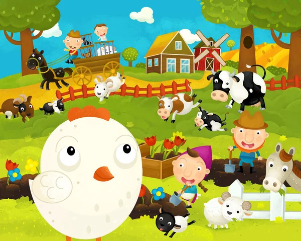 cartoon happy and funny farm scene with happy chicken hen - illustration for children