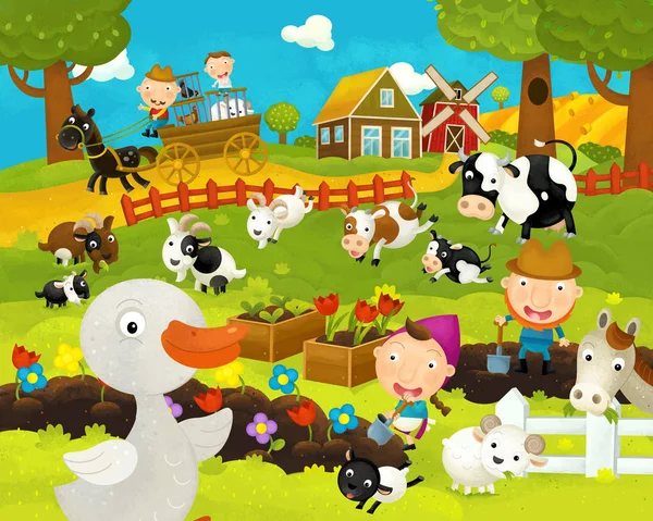 Cartoon glückliche und lustige Bauernhofszene mit glücklichen Gänsen - Illustration für Kinder — Stockfoto