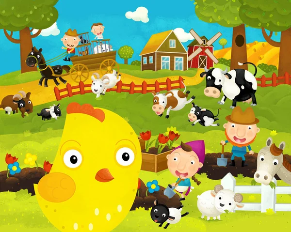 Cartoon happy and funny farm scene with happy chicken hen - illustration for children — Stock Photo, Image