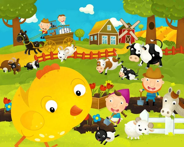 Desenhos animados feliz e engraçado fazenda cena com galinha feliz - ilustração para crianças — Fotografia de Stock