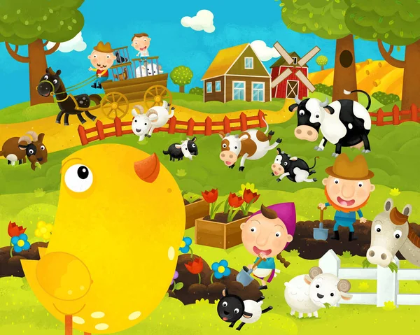 cartoon happy and funny farm scene with happy chicken hen - illustration for children