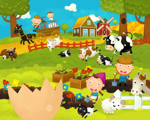 Cartoon happy and funny farm scene with chicken egg - illustration for children — Stock Photo, Image