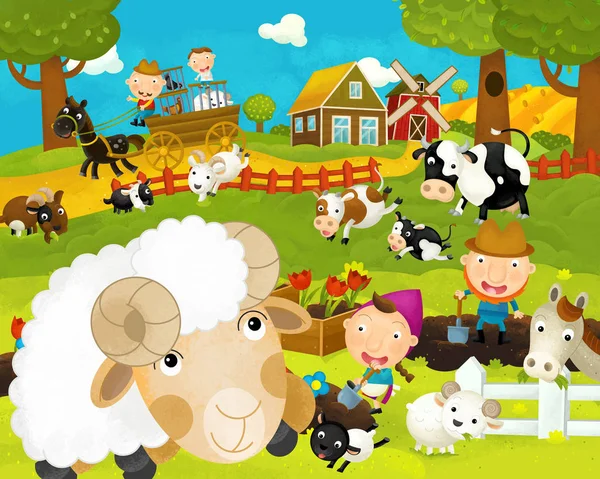 cartoon happy and funny farm scene with happy sheep - illustration for children