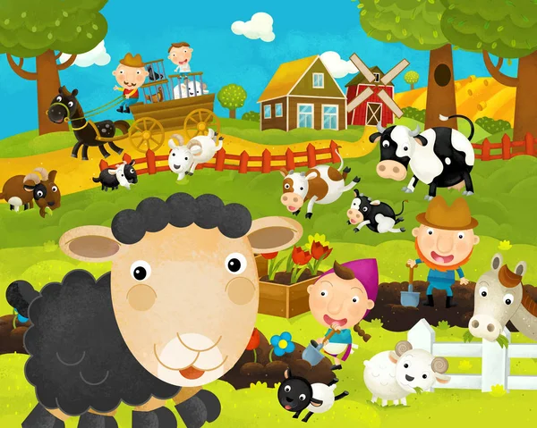 Cartoon happy and funny farm scene with happy sheep - illustration for children — Stock Photo, Image