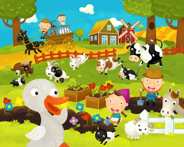 Cartoon happy and funny farm scene with happy goose - illustration for children — Stock Photo, Image