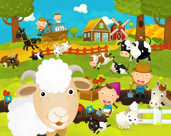 Desenhos animados cena fazenda feliz e engraçado com ovelhas felizes - ilustração para crianças — Fotografia de Stock