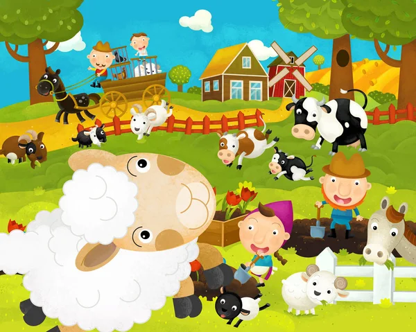Мультфильм счастливая и смешная сцена фермы с счастливыми овцами - иллюстрация для детей — стоковое фото