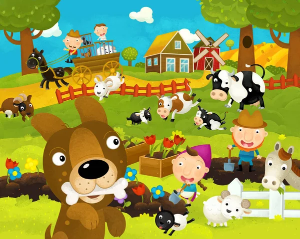 幸せで面白い犬と漫画の幸せと面白い農場のシーン - 子供のためのイラスト — ストック写真