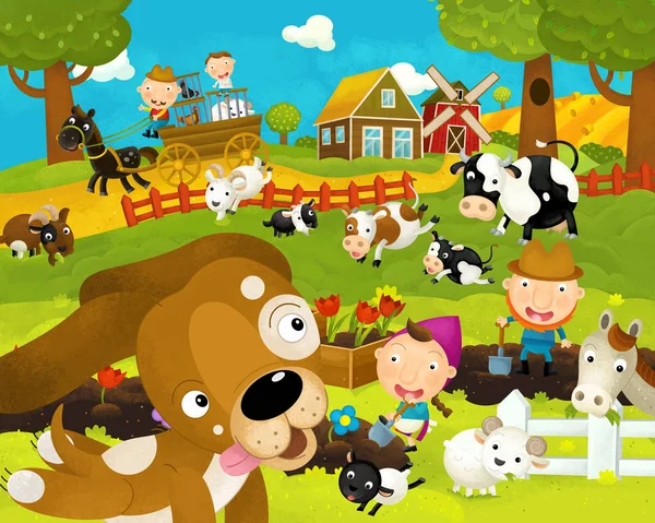 Cartoon gelukkig en grappig boerderij scène met gelukkige en grappige hond-illustratie voor kinderen — Stockfoto