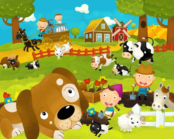 Desenho animado feliz e engraçado fazenda cena com cão feliz e engraçado - ilustração para crianças — Fotografia de Stock