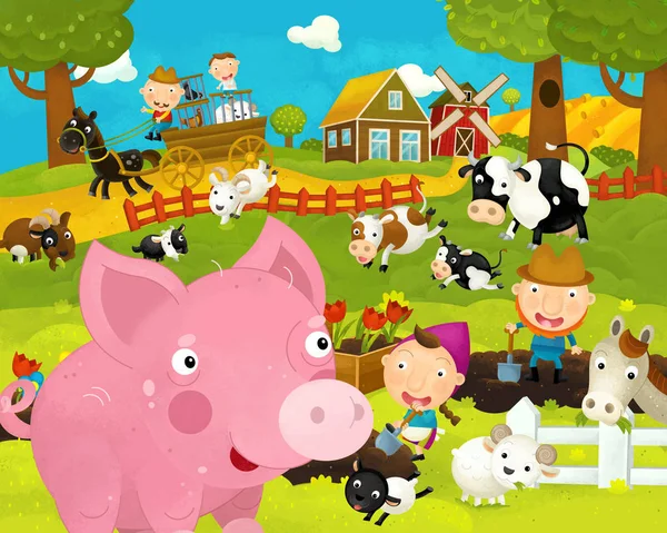 Cartoon glückliche und lustige Bauernhofszene mit glücklichen und lustigen Schweinen - Illustration für Kinder — Stockfoto