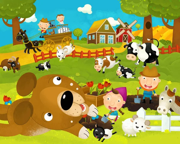 Cartoon fröhliche und lustige Bauernhofszene mit fröhlichem und lustigem Hund - Illustration für Kinder — Stockfoto