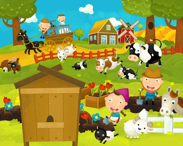 Dibujos animados feliz y divertida escena de la granja con colmena divertida - ilustración para niños —  Fotos de Stock