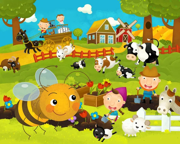 Dibujos animados feliz y divertida escena de la granja con abeja voladora feliz y divertido - ilustración para los niños —  Fotos de Stock