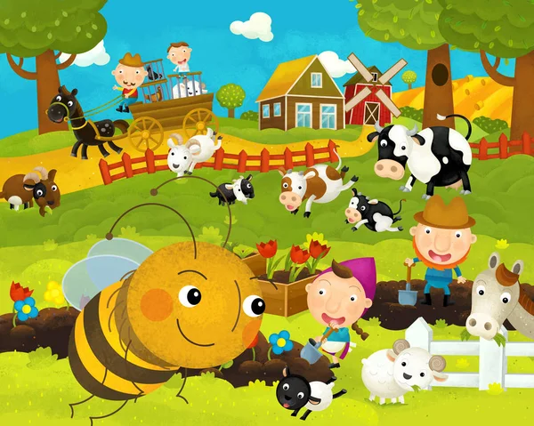 Desenhos animados feliz e engraçado fazenda cena com abelha voadora feliz e engraçado - ilustração para crianças — Fotografia de Stock