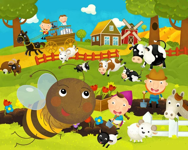 Cartone animato felice e divertente scena fattoria con api volanti felici e divertenti - illustrazione per bambini — Foto Stock
