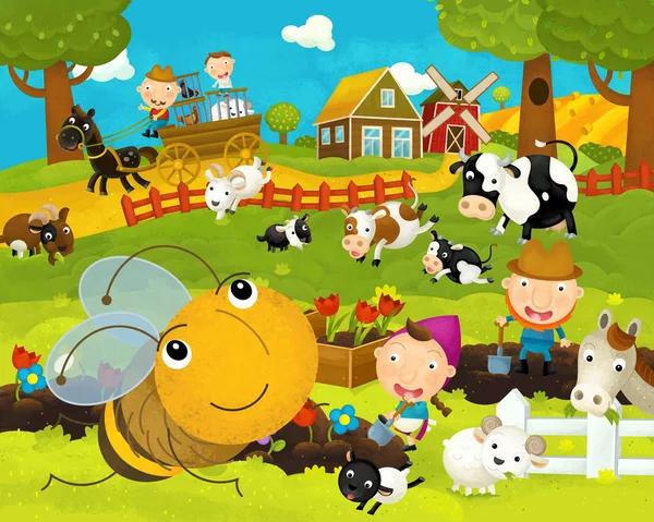 Cartoon happy and funny farm scene with happy and funny flying bee - illustration for children — Stock Photo, Image