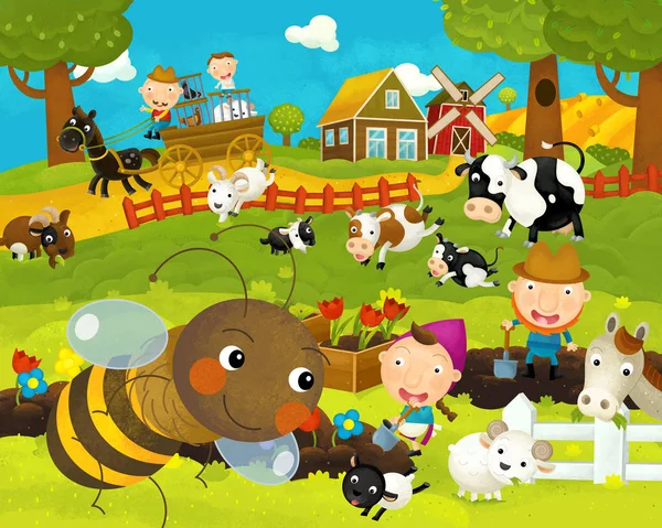Dibujos animados feliz y divertida escena de la granja con abeja voladora feliz y divertido - ilustración para los niños —  Fotos de Stock