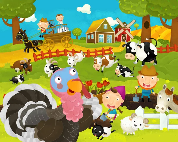 幸せな七面鳥と漫画の幸せと面白い農場のシーン - 子供のためのイラスト — ストック写真