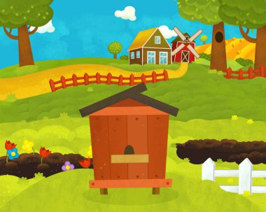 komik kovan ile karikatür mutlu ve komik çiftlik sahnesi - çocuklar için illüstrasyon