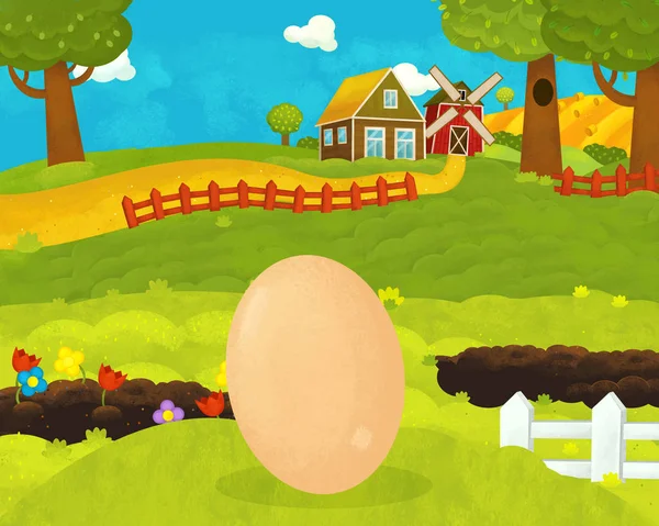 Cartone animato scena fattoria felice e divertente con pollo gallo felice o — Foto Stock