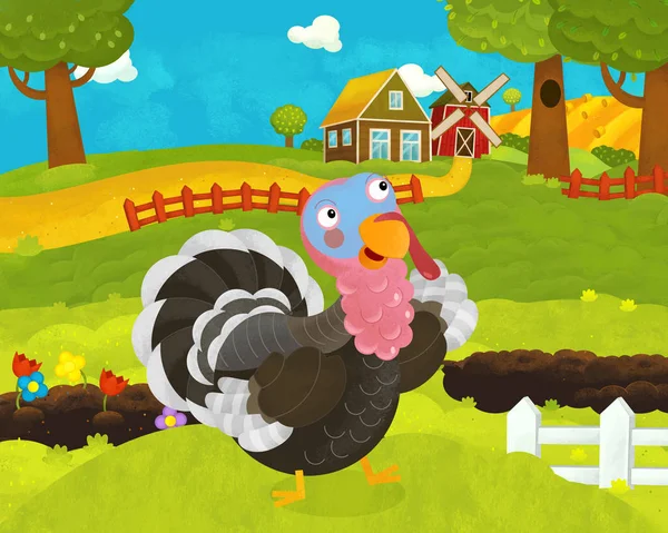 Cartoon happy and funny farm scene with happy turkey - illustrat — Stock Photo, Image