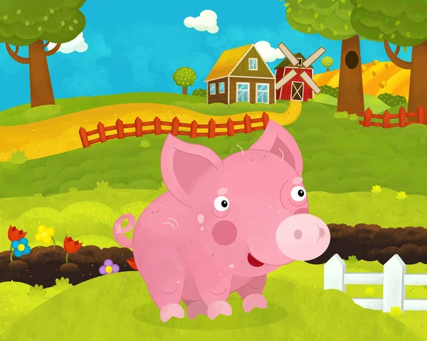 cartoon happy and funny farm scene with happy and funny pig - il