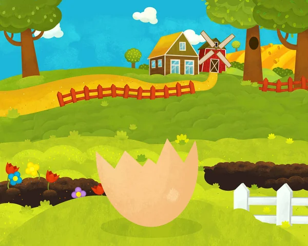 Cartone animato felice e divertente scena fattoria con guscio d'uovo - illustrazione — Foto Stock