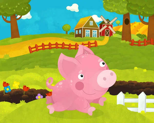 Cartone animato felice e divertente scena fattoria con maiale felice e divertente - il — Foto Stock