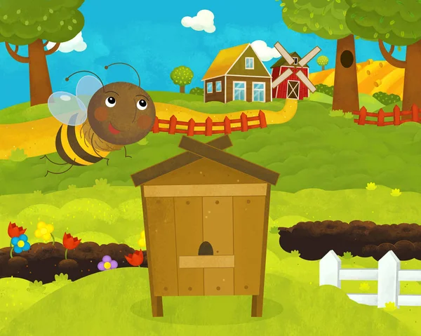 cartoon happy and funny farm scene with happy and funny flying b