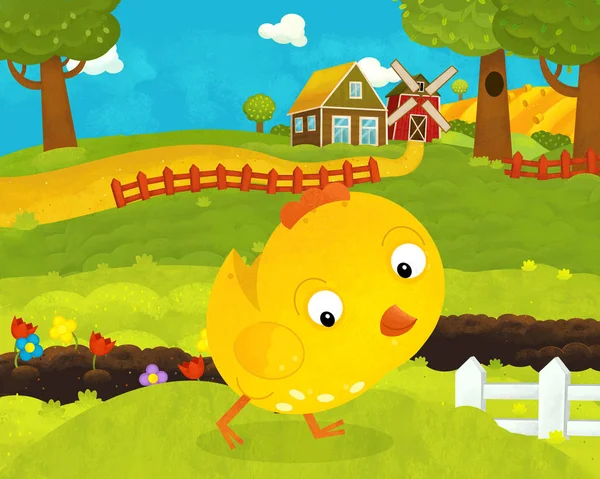 Dibujos animados feliz y divertida granja escena con pollo gallo feliz o —  Fotos de Stock