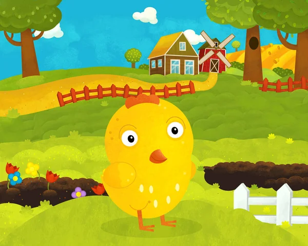 Dibujos animados feliz y divertida granja escena con pollo gallo feliz o — Foto de Stock
