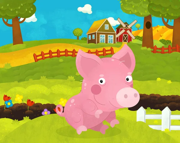 cartoon happy and funny farm scene with happy and funny pig