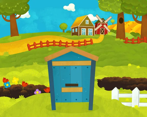Cartoon feliz e engraçado fazenda cena com colmeia engraçado - illustratio — Fotografia de Stock
