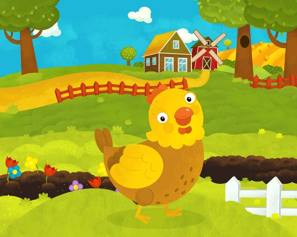 Dibujos animados feliz y divertida granja escena con pollo gallo feliz o —  Fotos de Stock